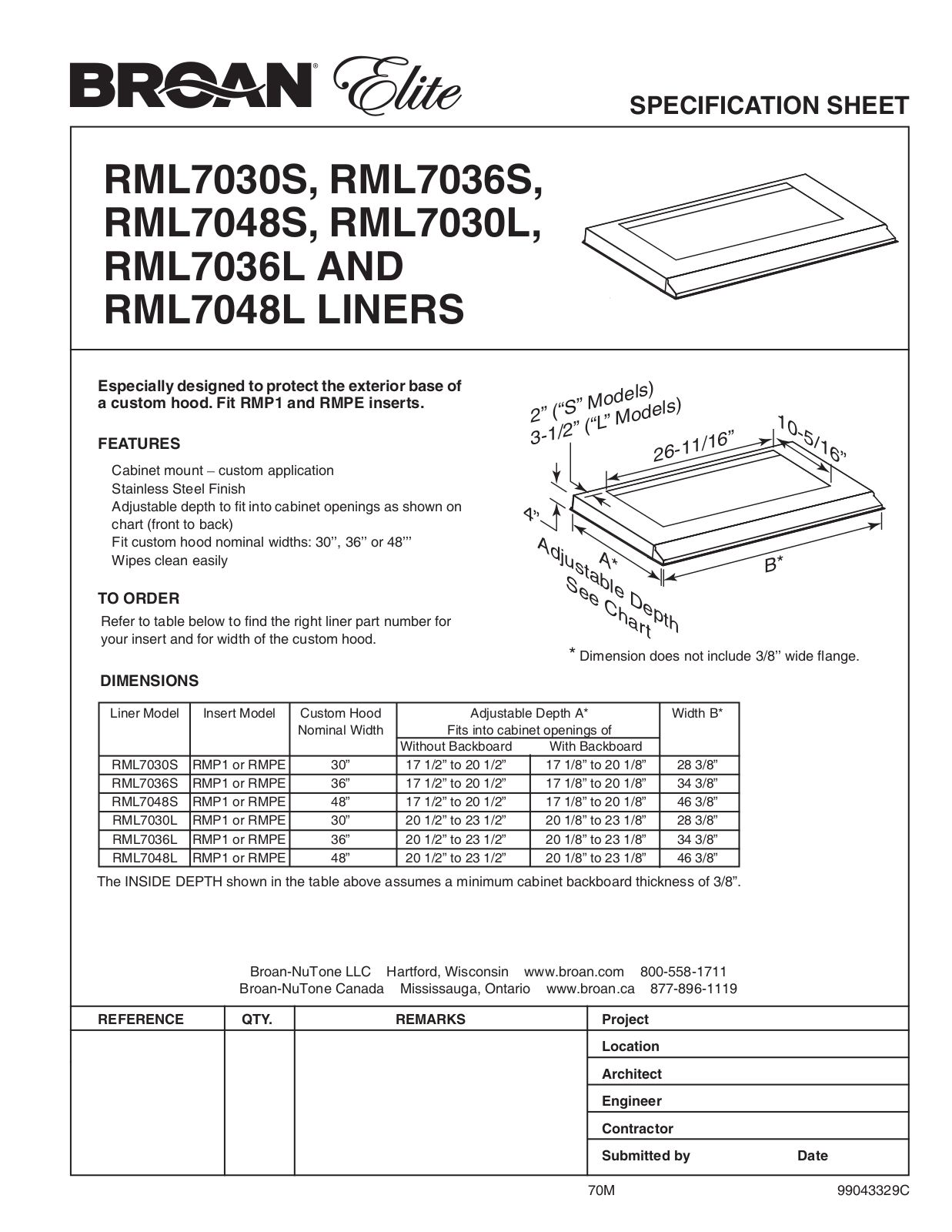 Broan RML7030S, RML7030L, RML7048L, RML7036S, RML7048S Specifications