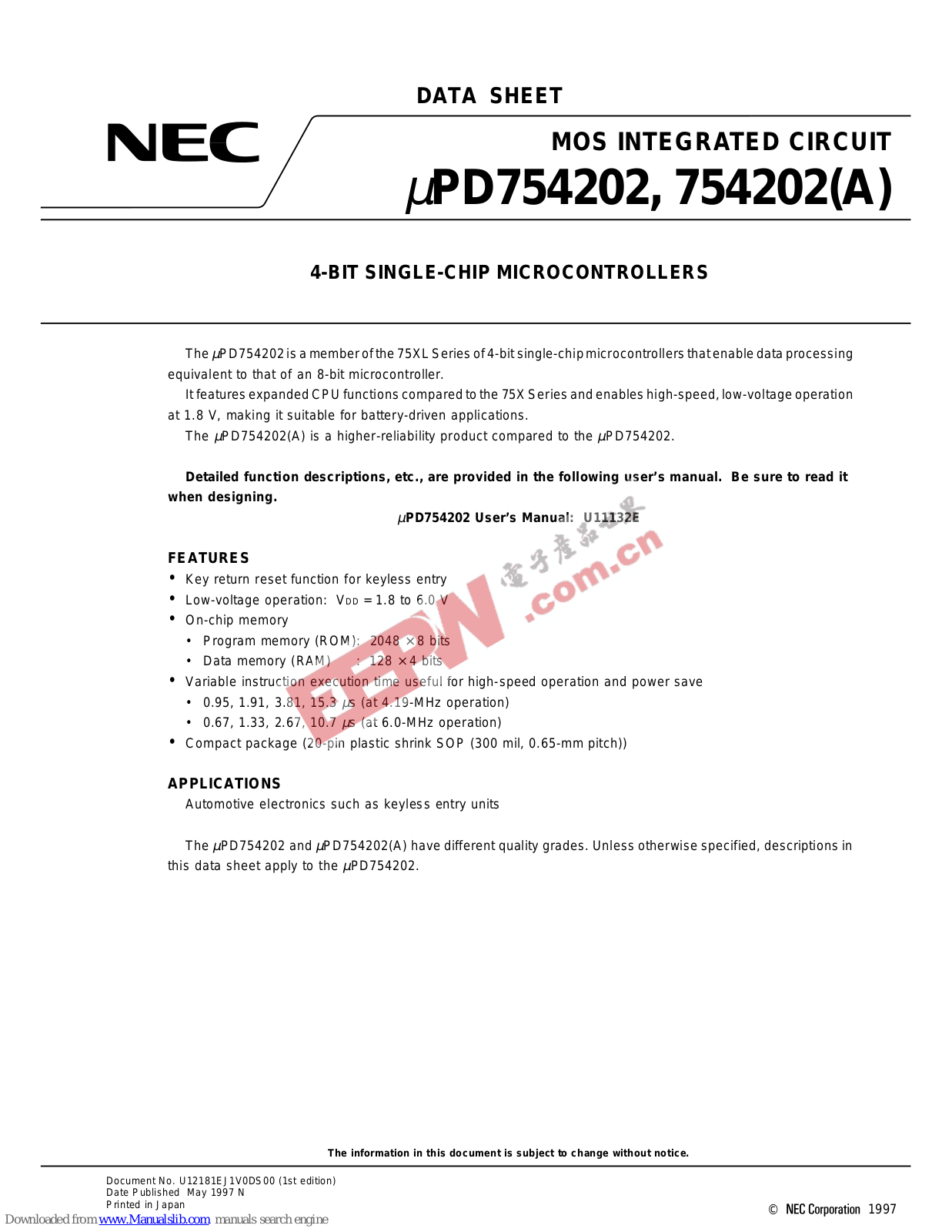 NEC MuPD754202, Mu754202, Mu754202A Datasheet - ManualMachine.com