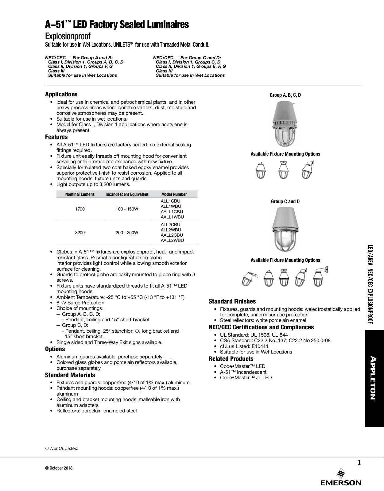 Appleton A-51 LED Factory Sealed Luminaires Catalog Page