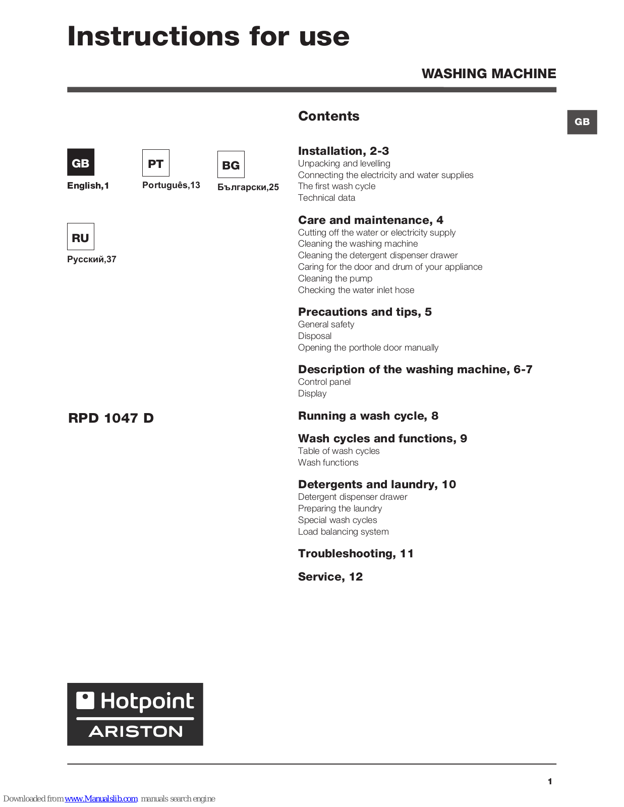 Hotpoint Ariston RPD 1047 D Instructions For Use Manual