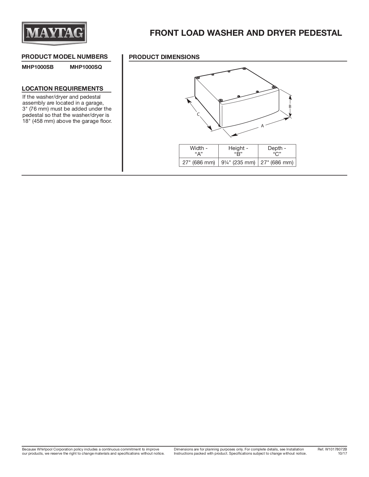 Whirlpool MHP1000SB, MHP1000SQ Dimension Guide