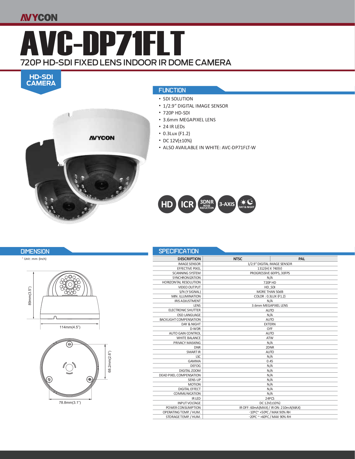 Avycon AVC-DP71FLT Specsheet