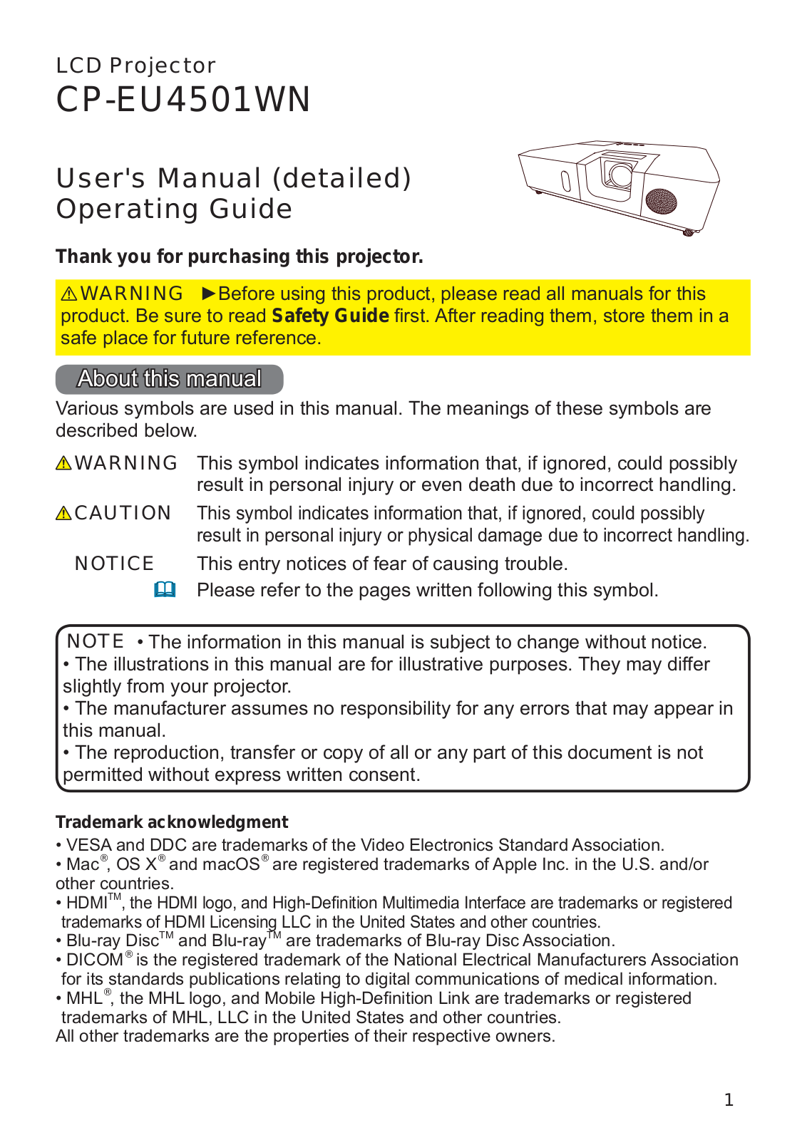 Hitachi CP-EU4501WN User Manual