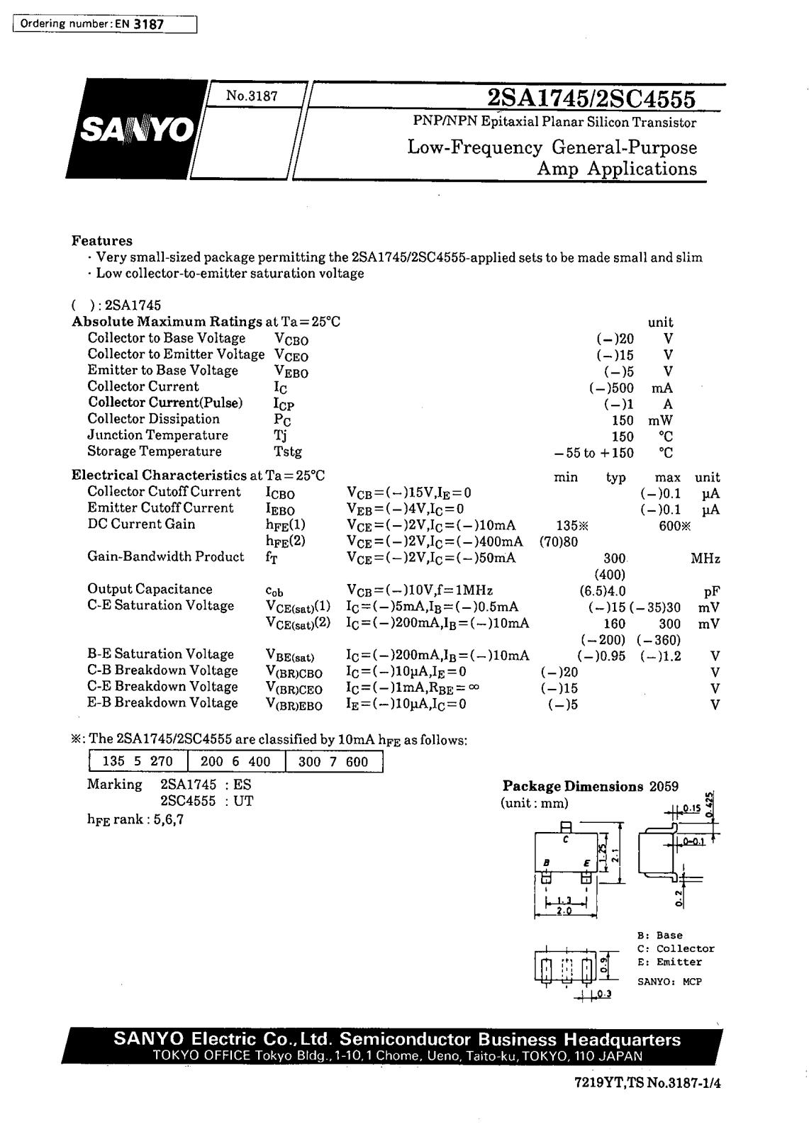 SANYO 2SC4555, 2SA1745 Datasheet