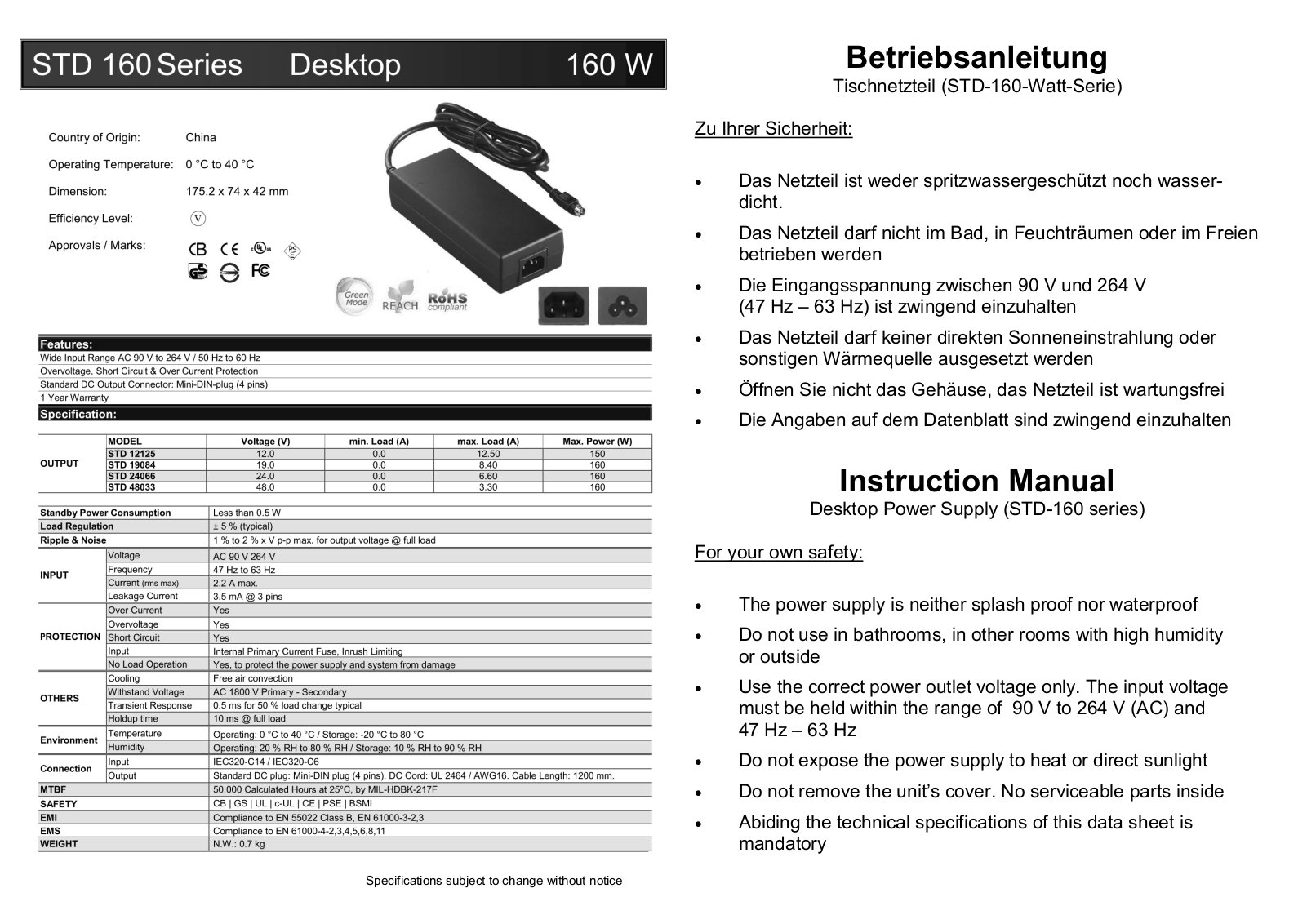 Dehner Elektronik STD 160 Series Operating Instructions