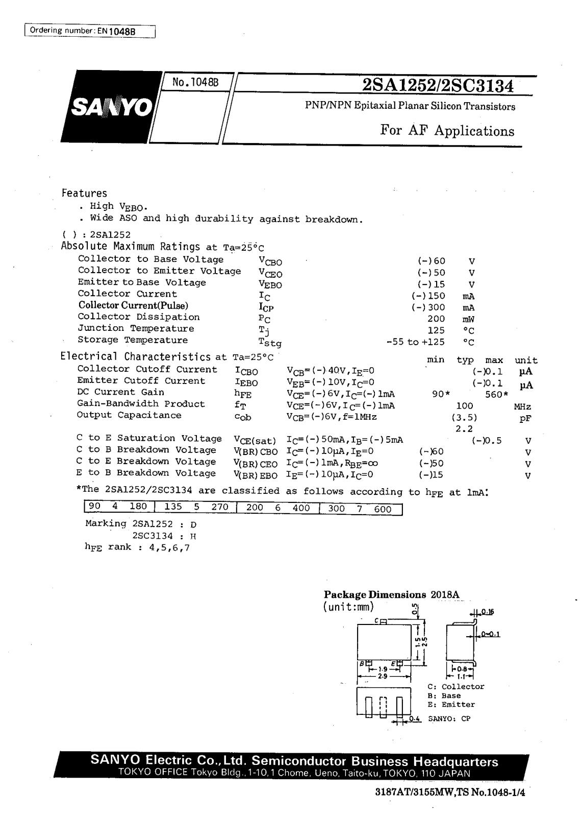 SANYO 2SC3134, 2SA1252 Datasheet