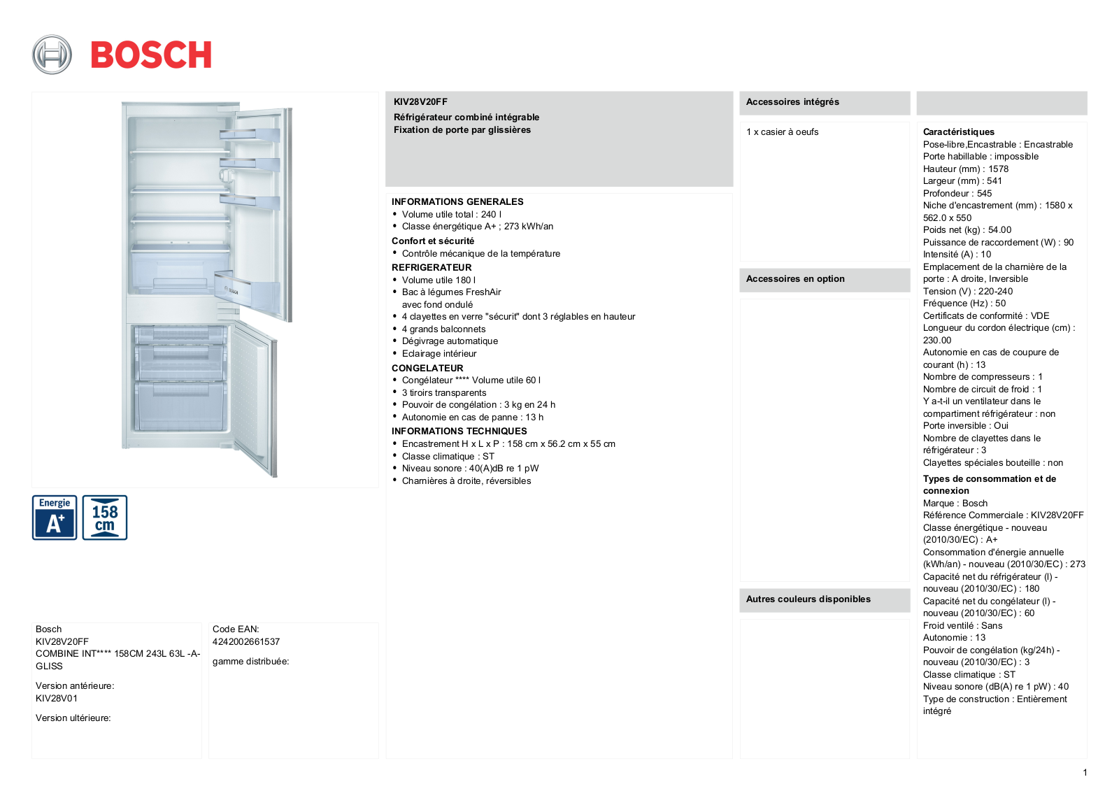 Bosch KIV28V20FF product sheet