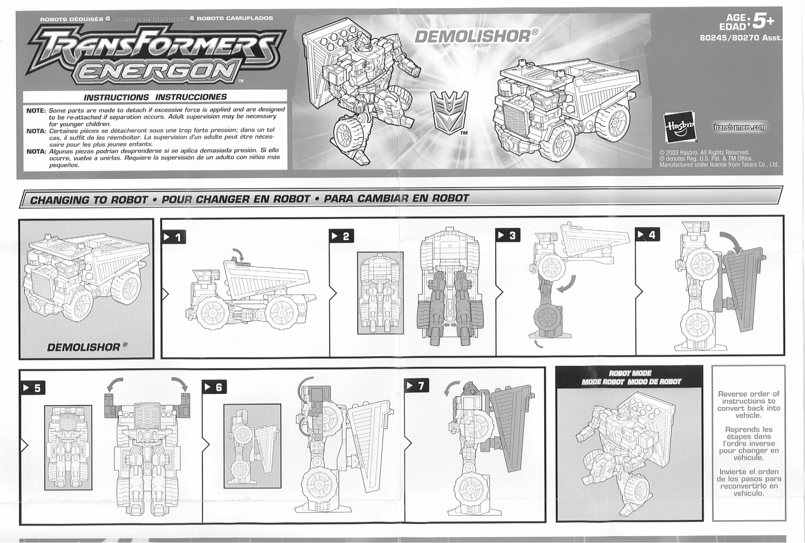 HASBRO Transformers Energon Demolishor User Manual