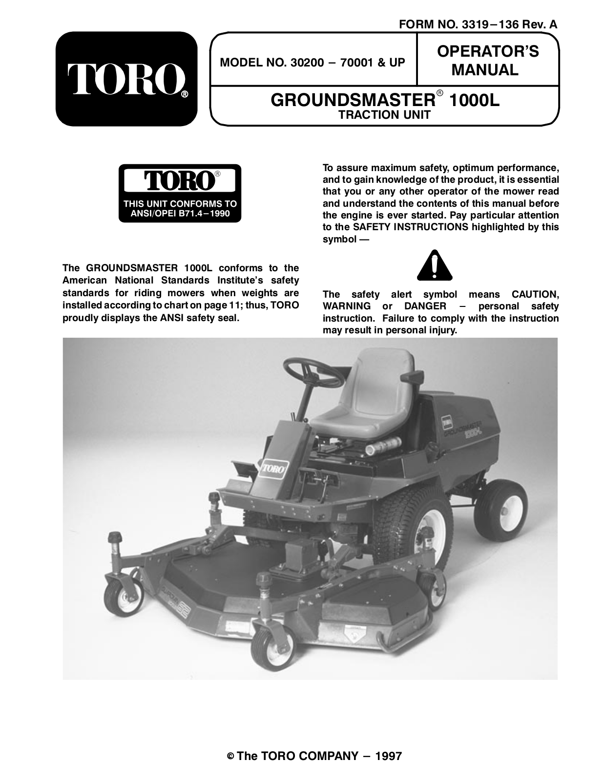 Toro 30200, Groundsmaster 1000L, 74105 Operator's Manual