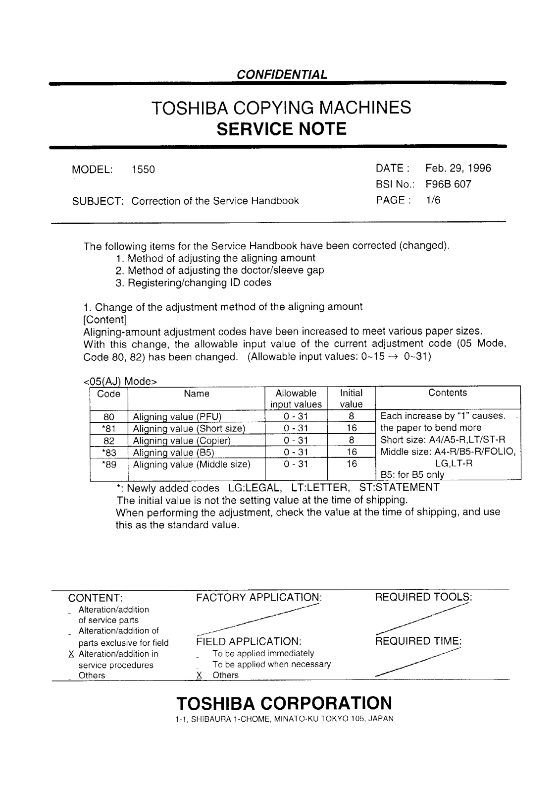 Toshiba f96b607 Service Note