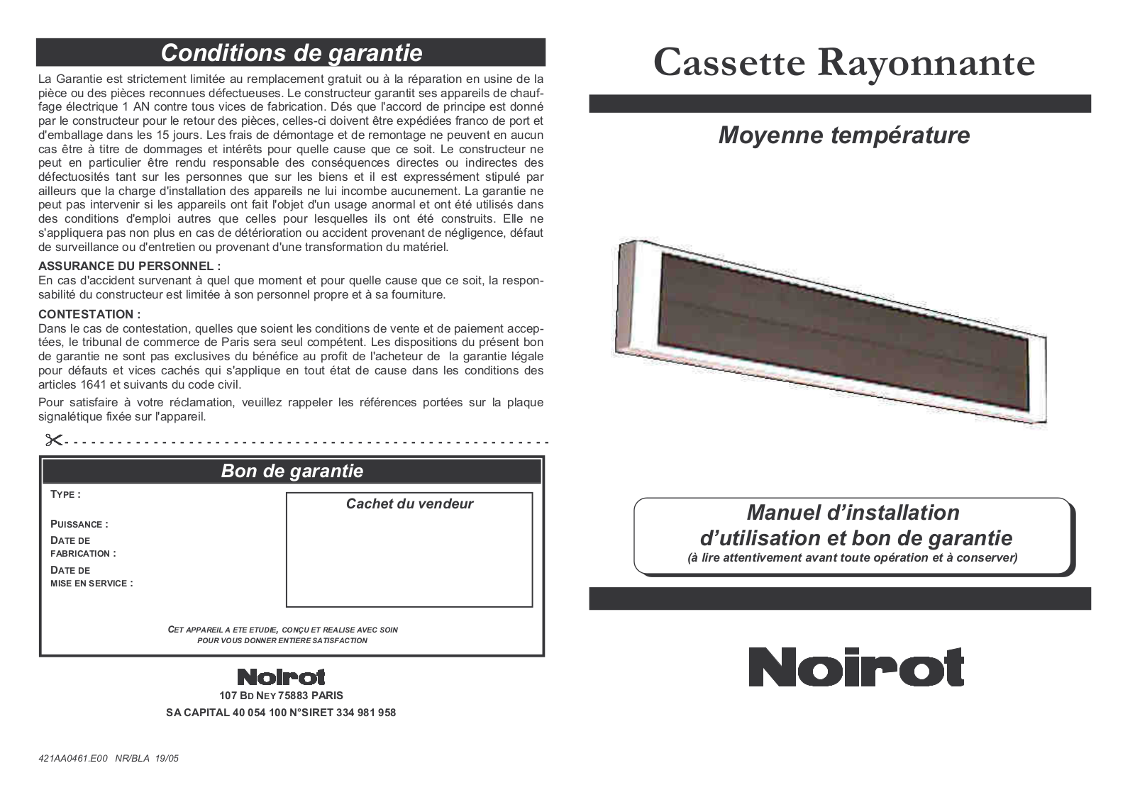 Noirot CASSETTE RAYONNANTE INSTALLATION GUIDE