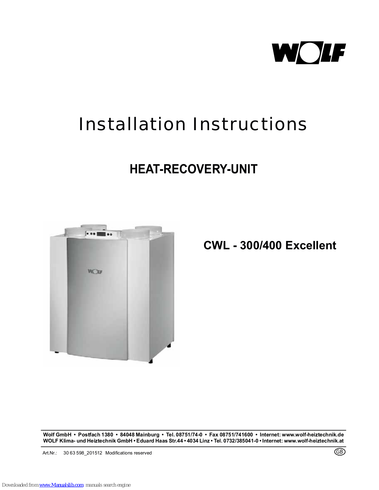 Wolf CWL-300 Exxellent, CWL-400 Exxellent Installation Instructions Manual