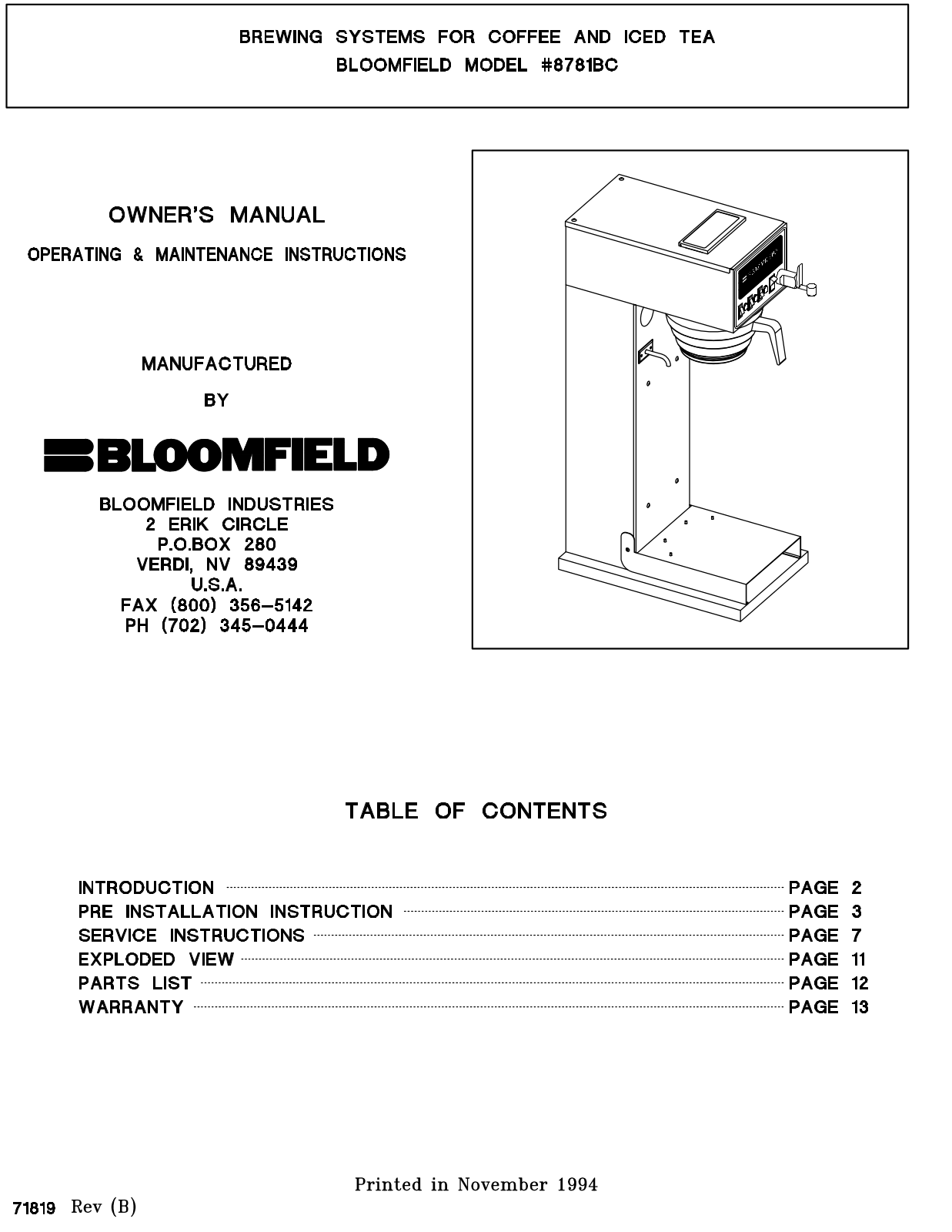 Bloomfield 8781BC Installation  Manual