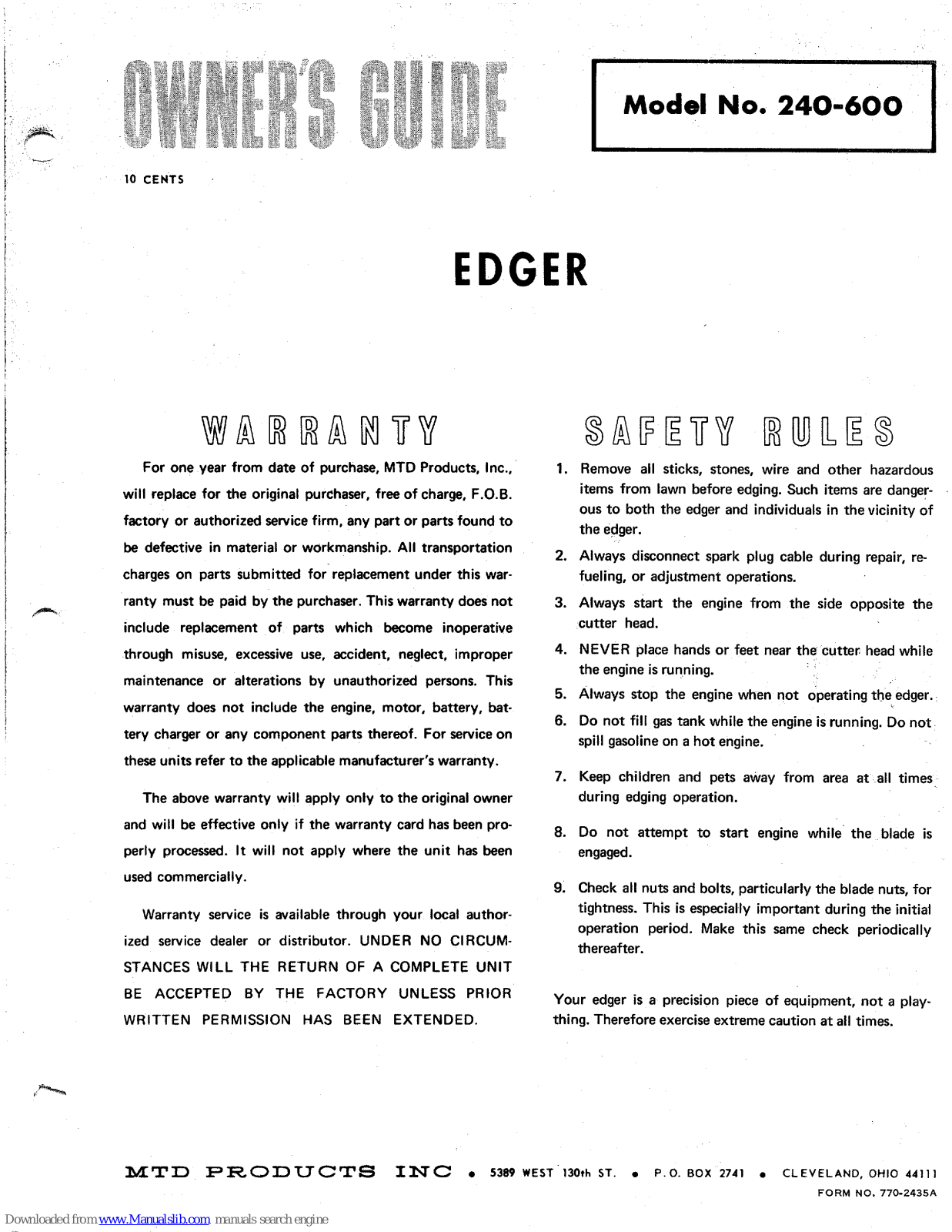 MTD 240-600 Owner's Manual