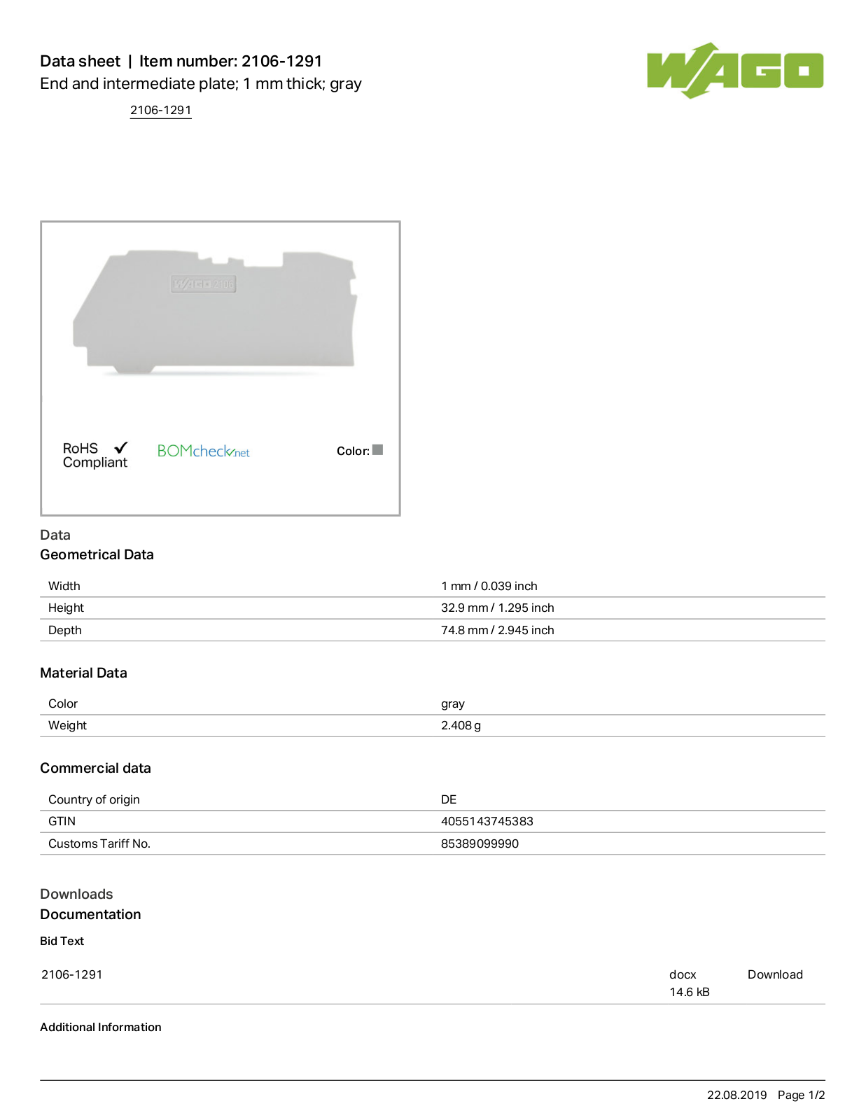 Wago 2106-1291 Data Sheet