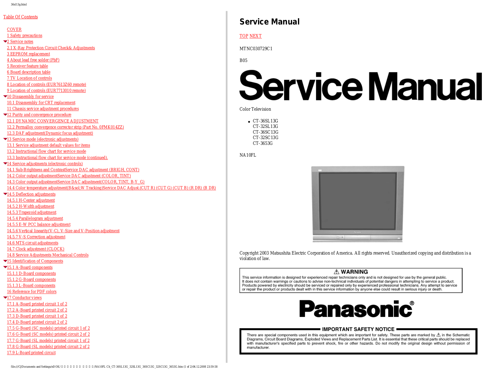 Panasonic CT-36SL13G, CT-3663G, CT-32SL13G, CT-36SC13G, CT-32SC13G Schematic