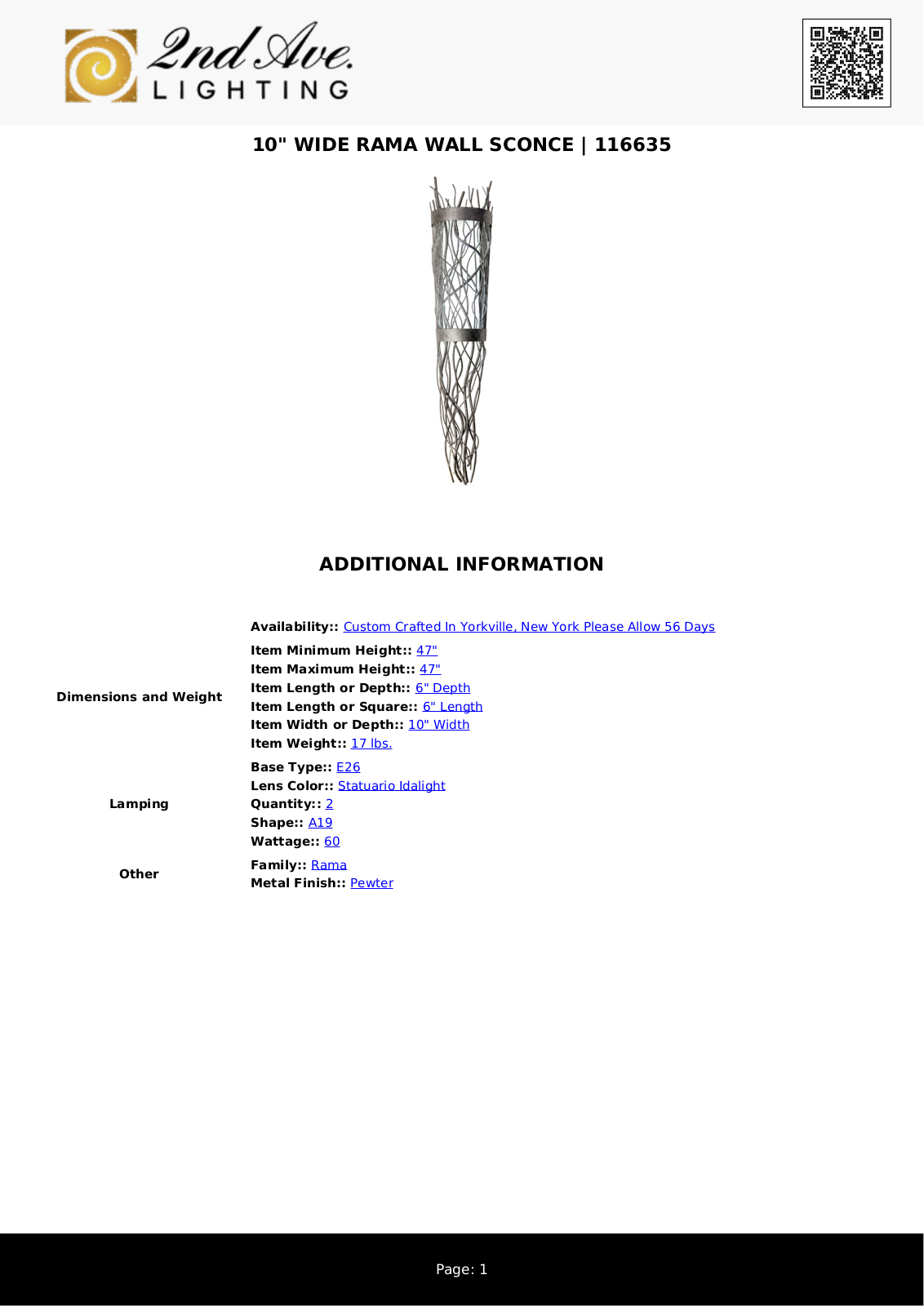 2nd Ave Design W008322145 Specifications - ManualMachine.com