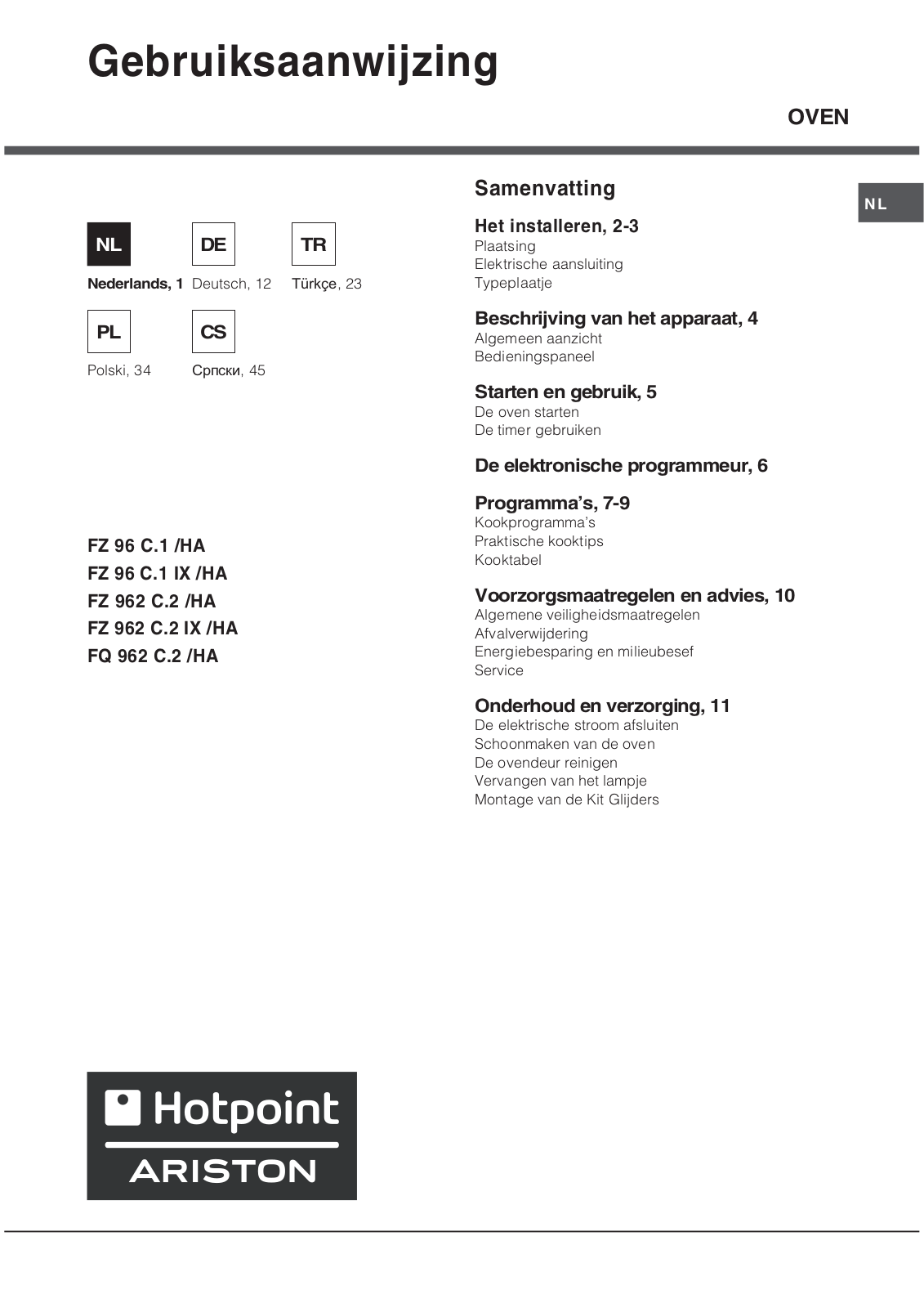 Hotpoint Ariston FZ 96 C.1 IX/HA, FZ 962 C.2 IX/HA User Manual