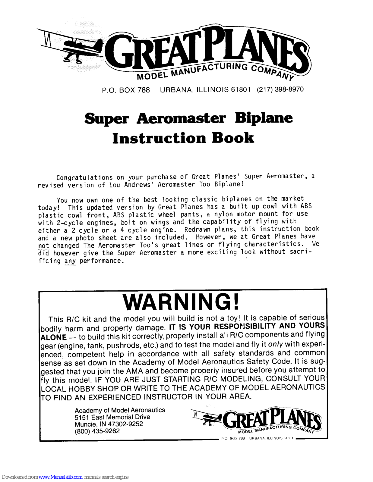 GREAT PLANES Super Aeromaster Biplane Instruction Book