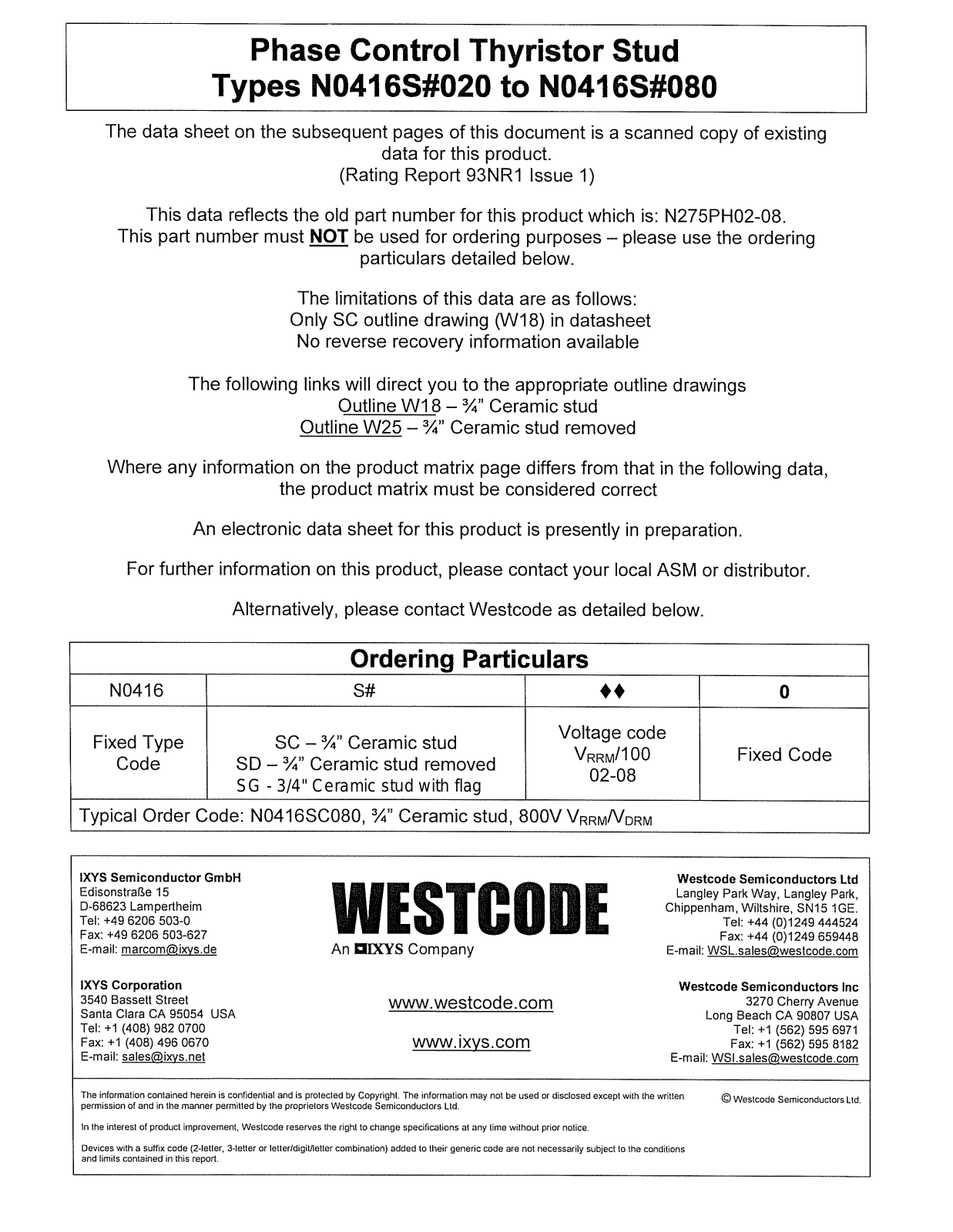 Westcode Semiconductors N0416S#020, N0416S#080 Data Sheet