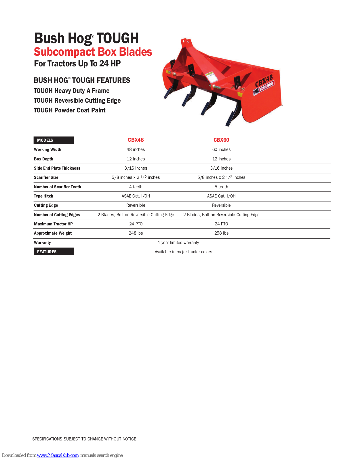 Bush Hog TOUGH CBX48, TOUGH CBX60 Specifications