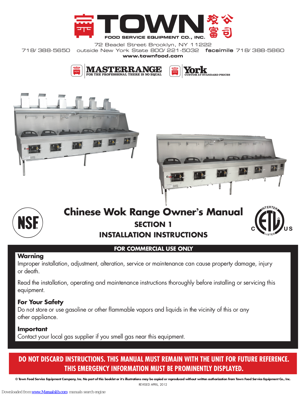 Town Food Service Equipment Chinese Wok Range Owner's Manual