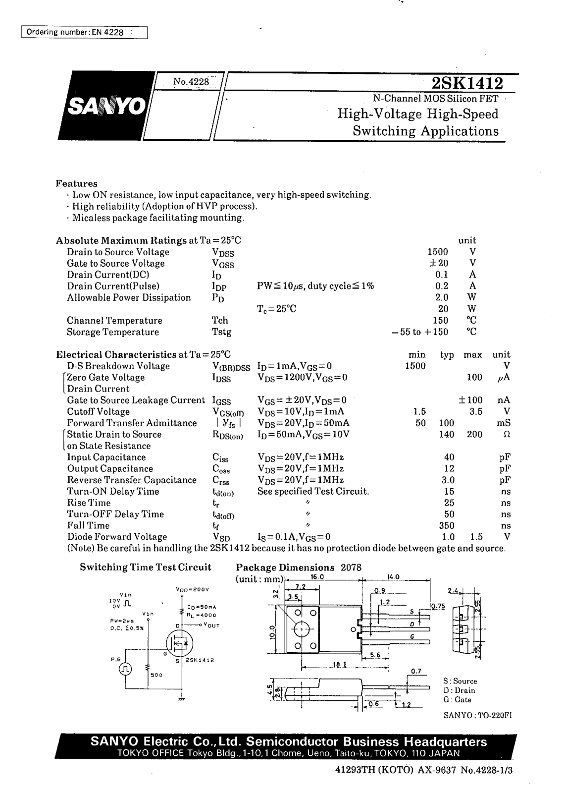 SANYO 2SK1412 Datasheet