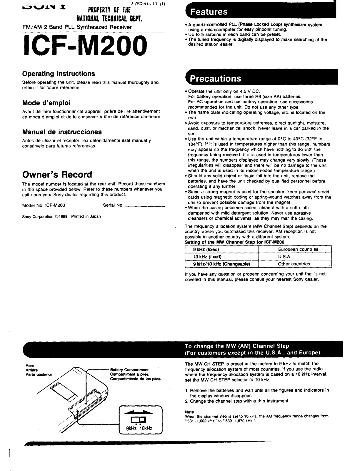 Sony ICF-M200 Operating Instructions