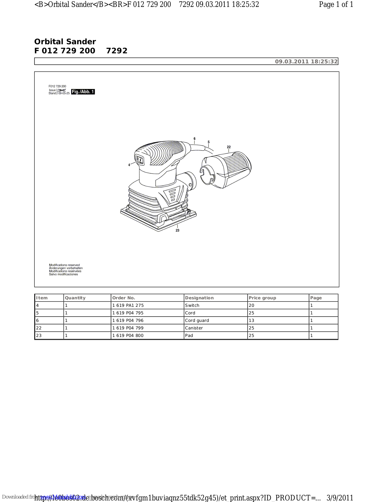 Skil Orbital Sander, F 012 729 200 7292 Specification Sheet