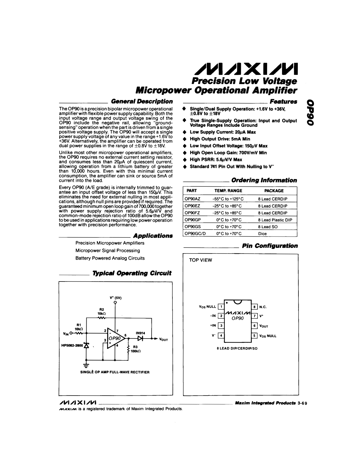 Maxim OP90EZ, OP90GS, OP90GC-D, OP90FZ, OP90GP Datasheet