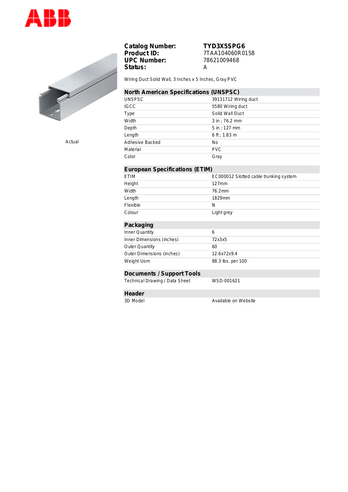 Thomas & Betts TYD3X5SPG6 Data Sheet