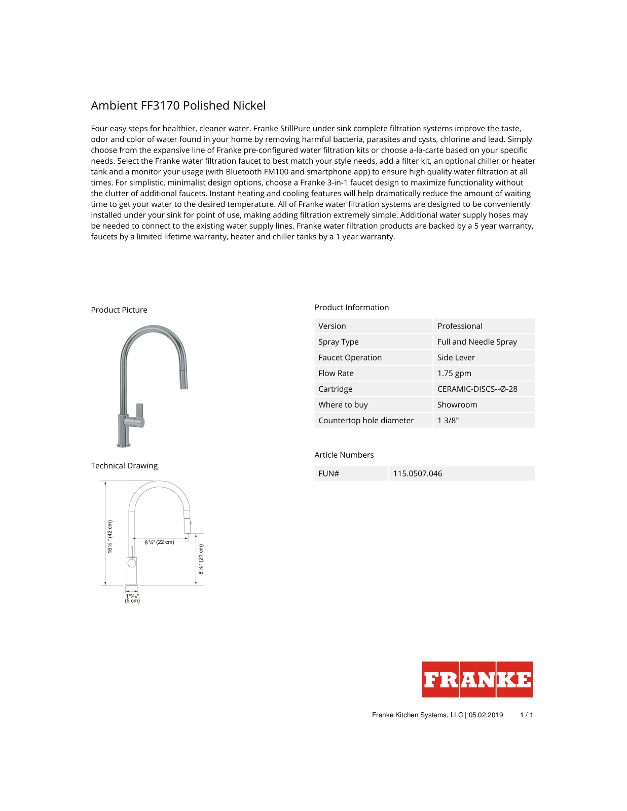 Franke FF3170 Fact Sheet