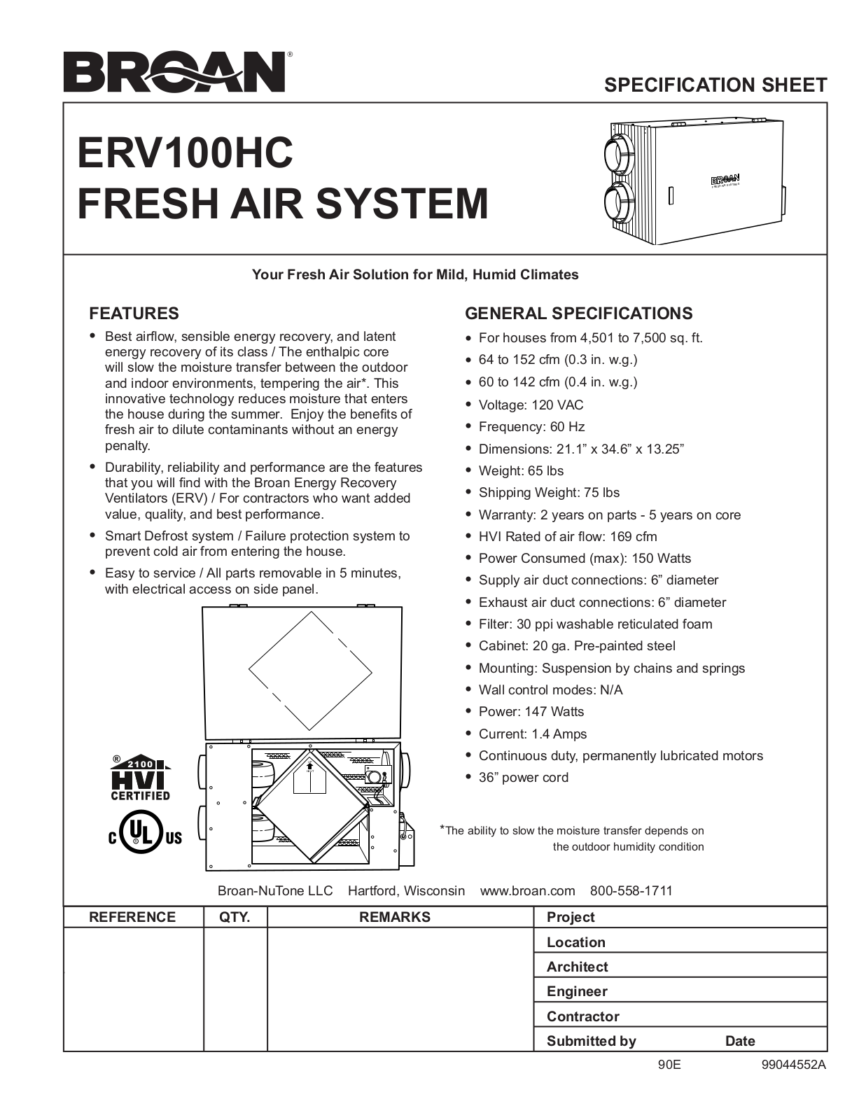 Broan Erv200hc, Erv100hc Specification Data