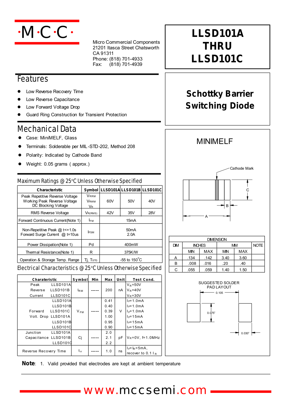 MCC LLSD101C, LLSD101B, LLSD101A Datasheet