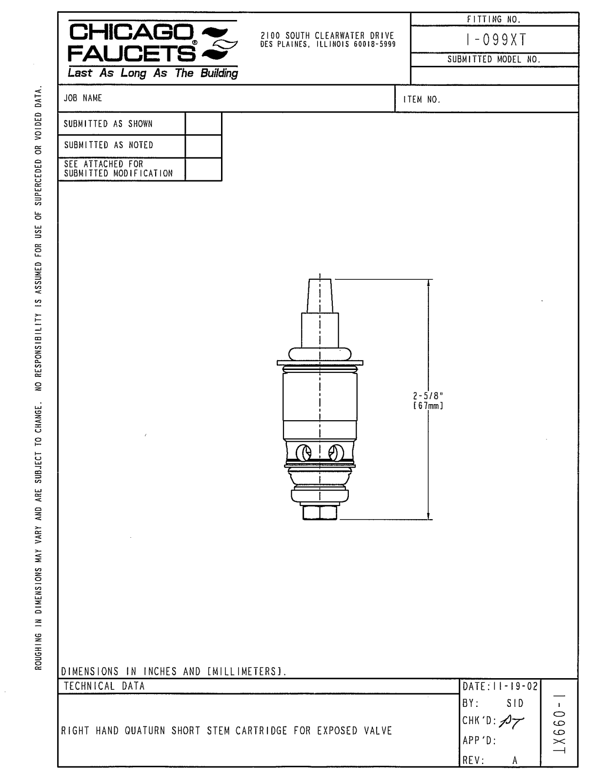 Chicago Faucet 1-099XTJKNF, 1-099XT User Manual