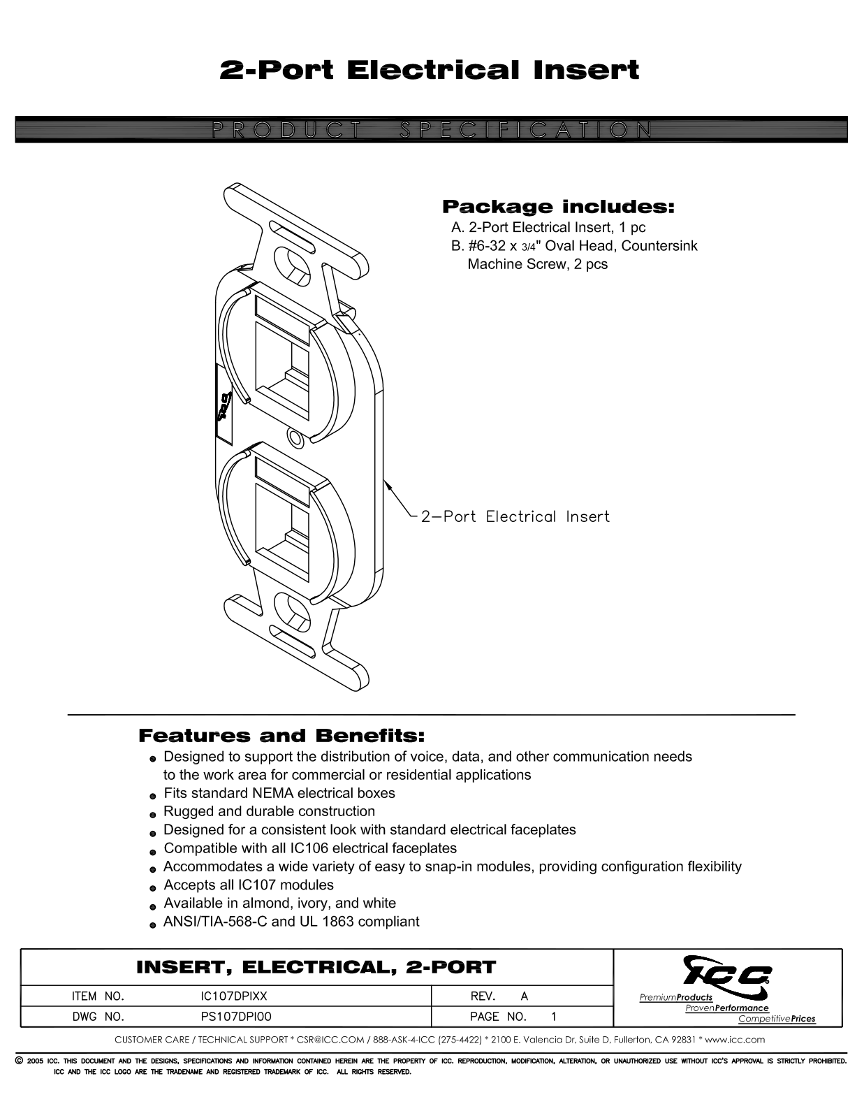 ICC IC107DPIAL, IC107DPIIV, IC107DPIWH Specsheet