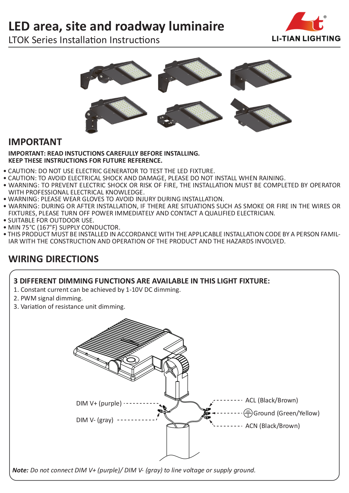 LI-TIAN LIGHTING LTOK Series Installation Instructions Manual