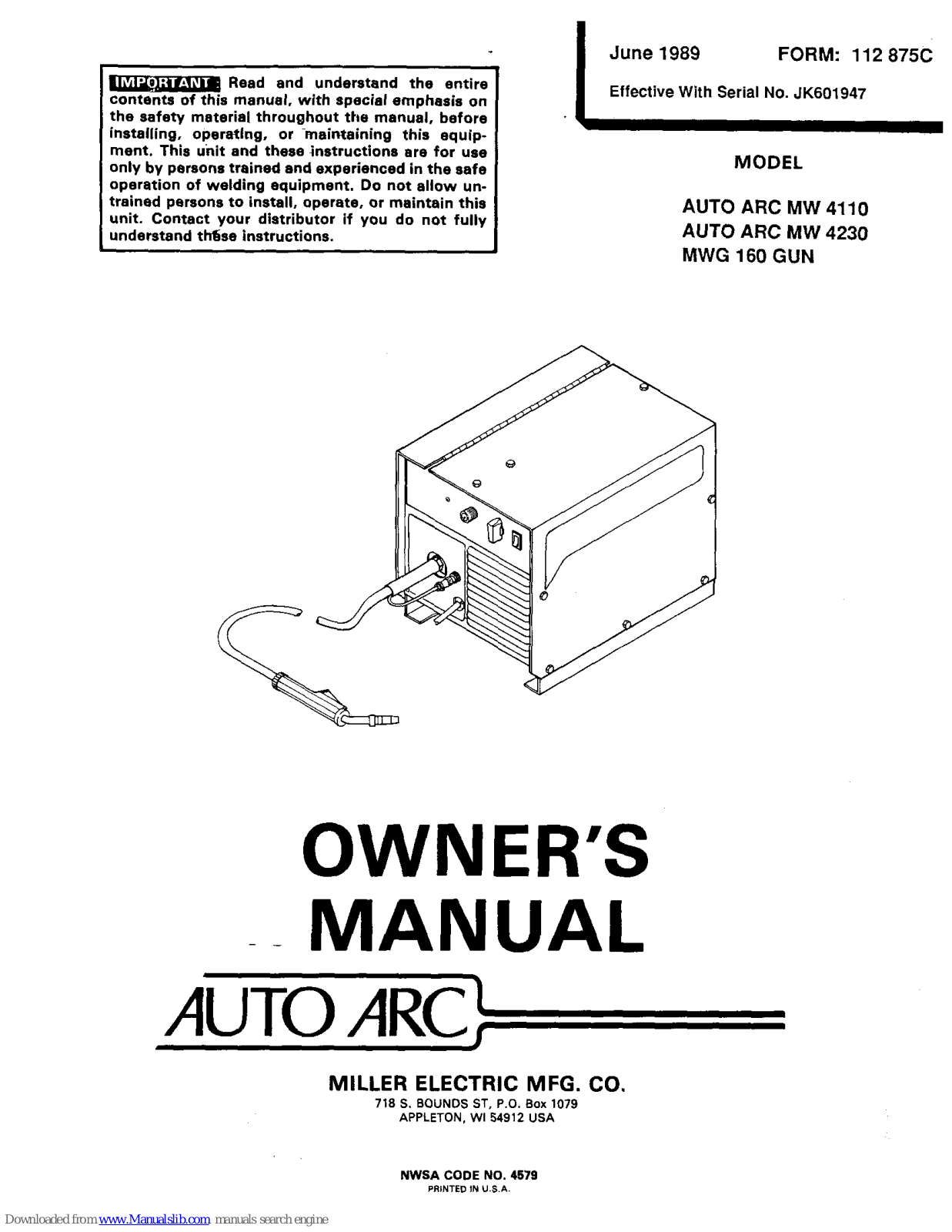 Miller Electric MW 4110, MW 4230, MWG 160 GUN Owner's Manual