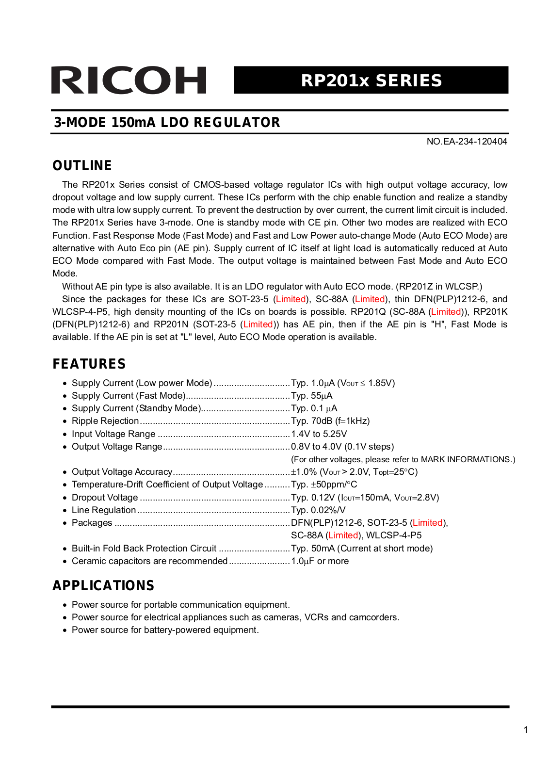 RICOH RP201x Technical data