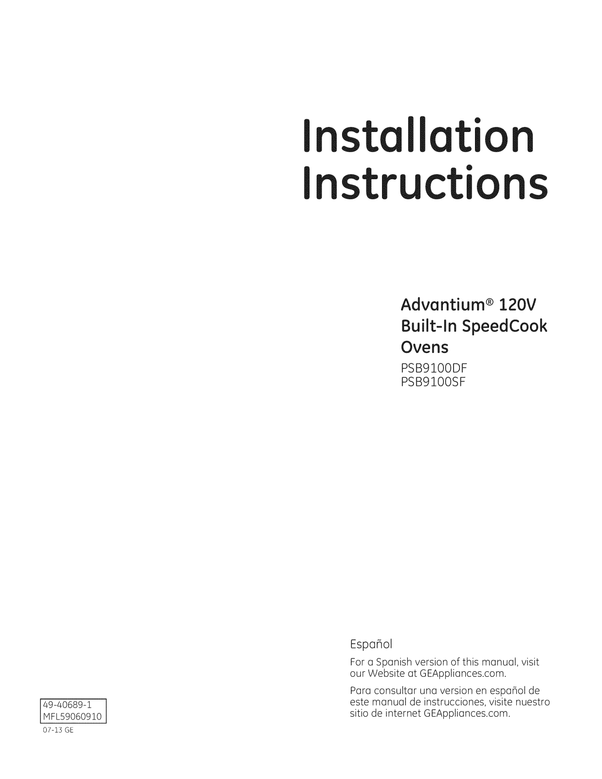 GE PSB9100BL1TS, PSB9100BL2TS, PSB9100DF1BB, PSB9100DF1WW, PSB9100DF2BB Installation Guide - ManualMachine.com