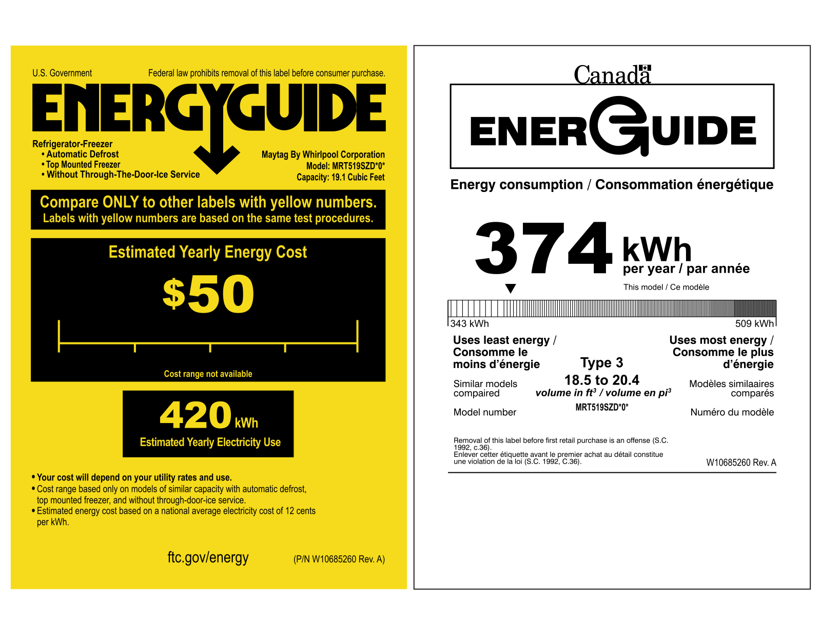 Maytag MRT519SZDM Energy Guide