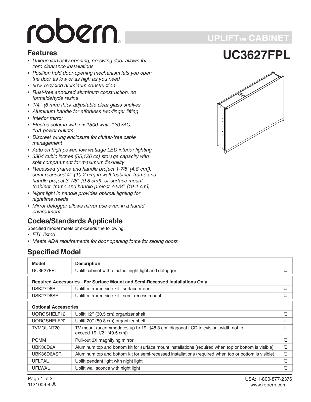 Robern UC3627FPL Specifications