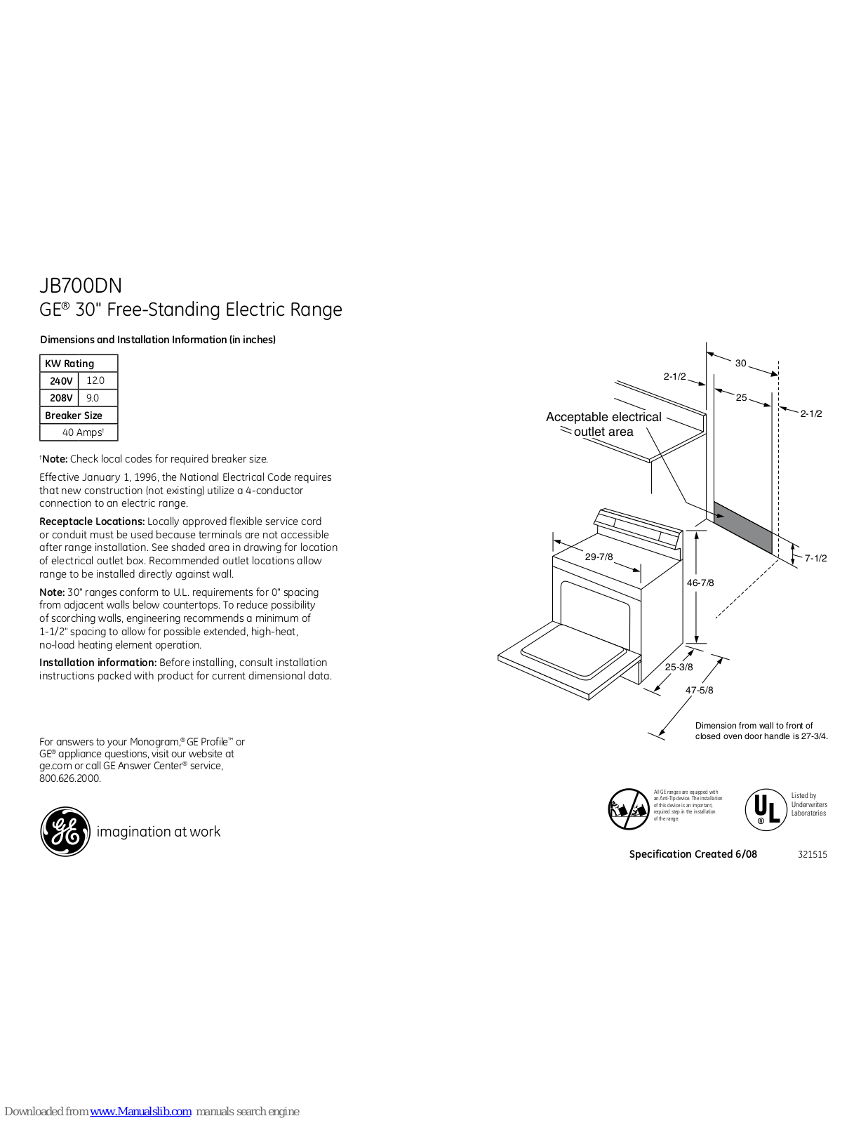 GE Profile JB700DNBB, JB700DNWW, JB700DN Dimensions And Installation Information