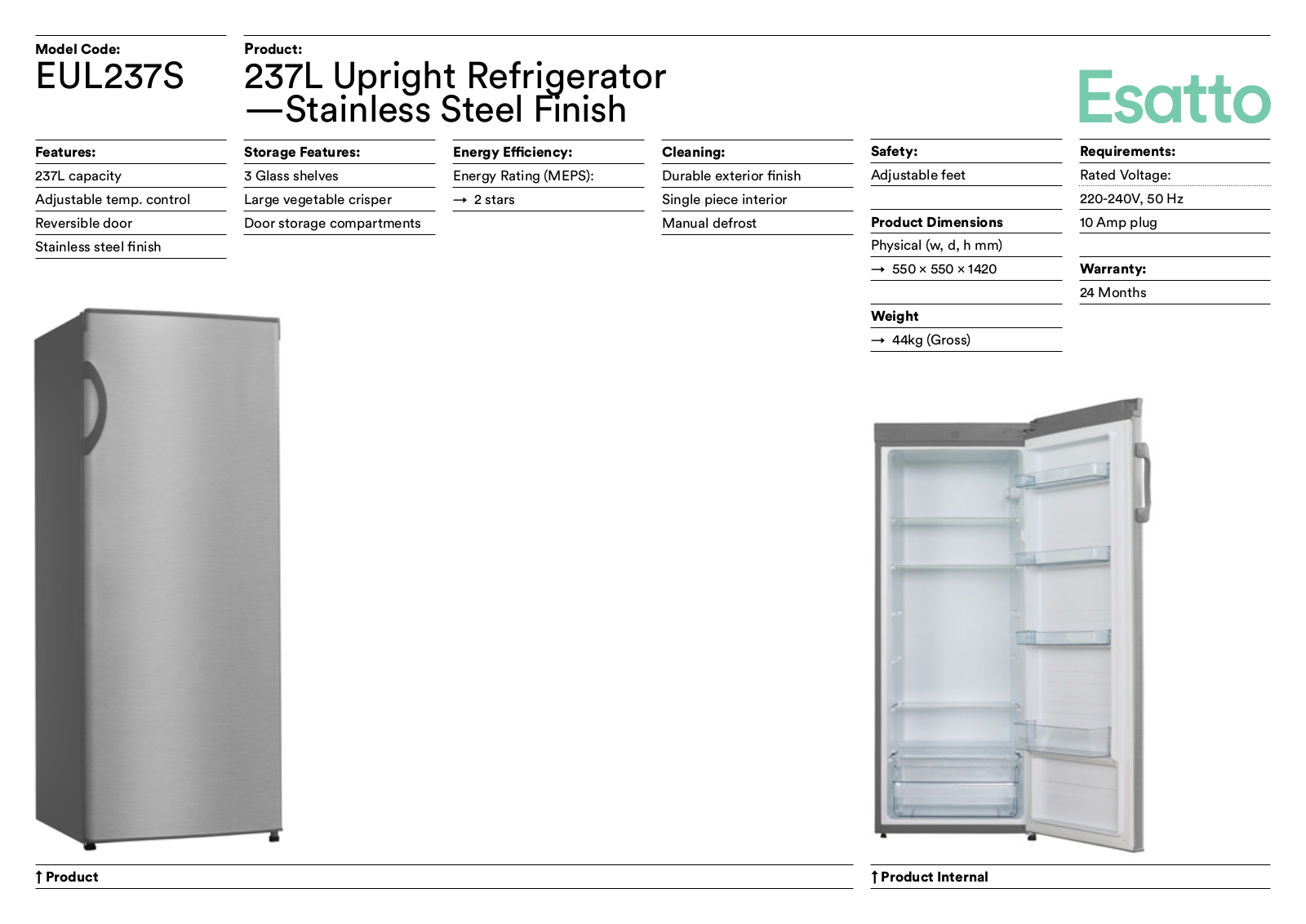 Esatto EUL237S Specifications Sheet