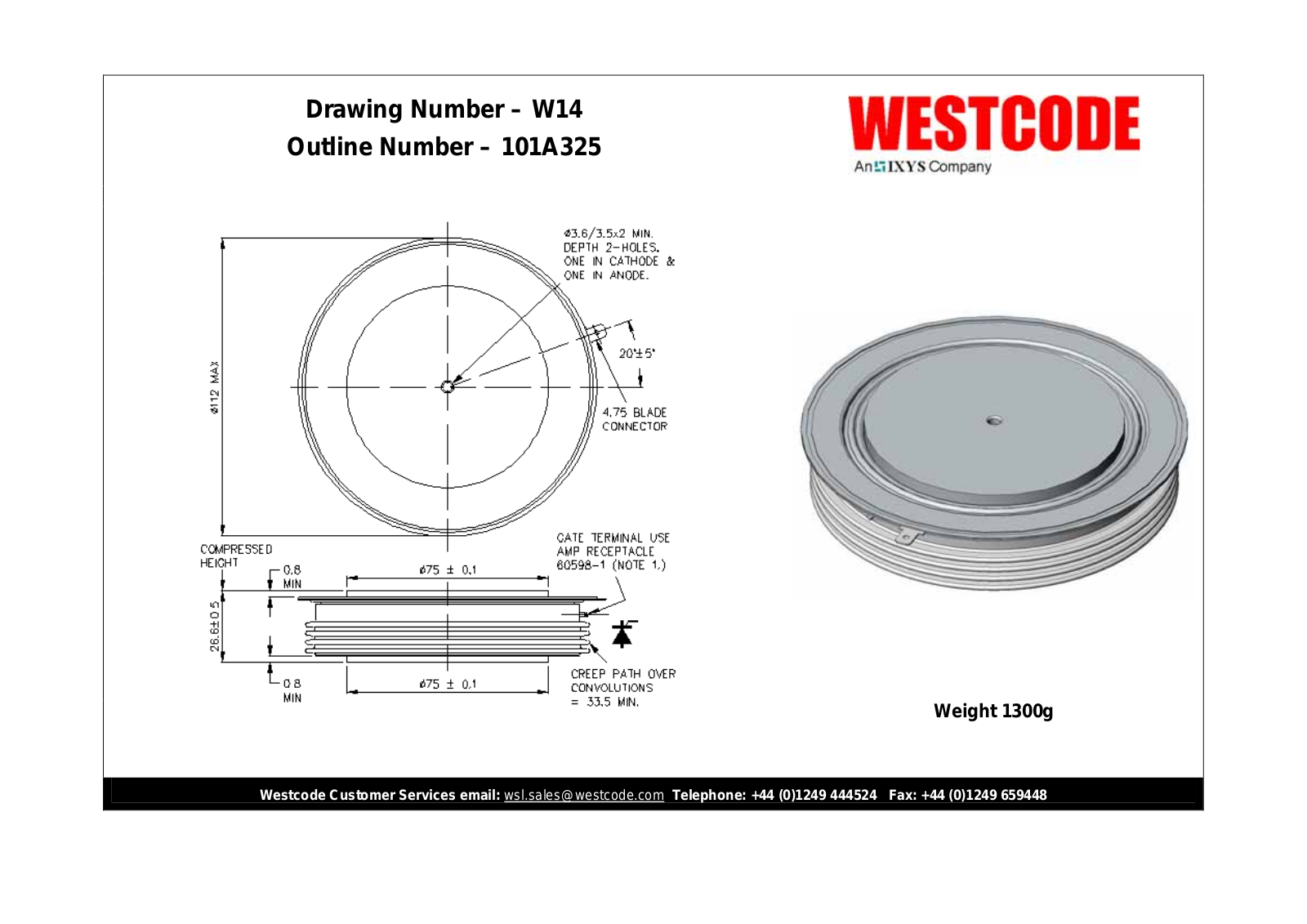 Westcode Semiconductors W14 101A325 Dimensional Sheet