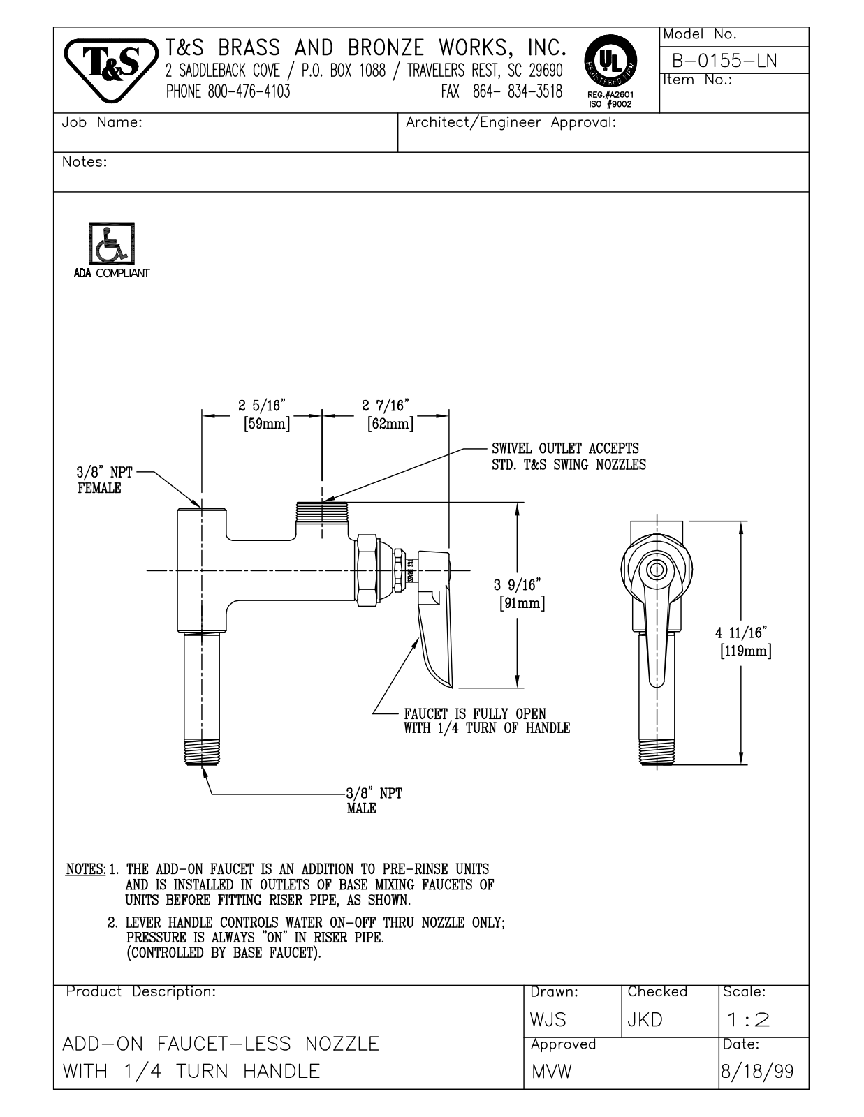 T & S Brass & Bronze Works B-0155-LN General Manual