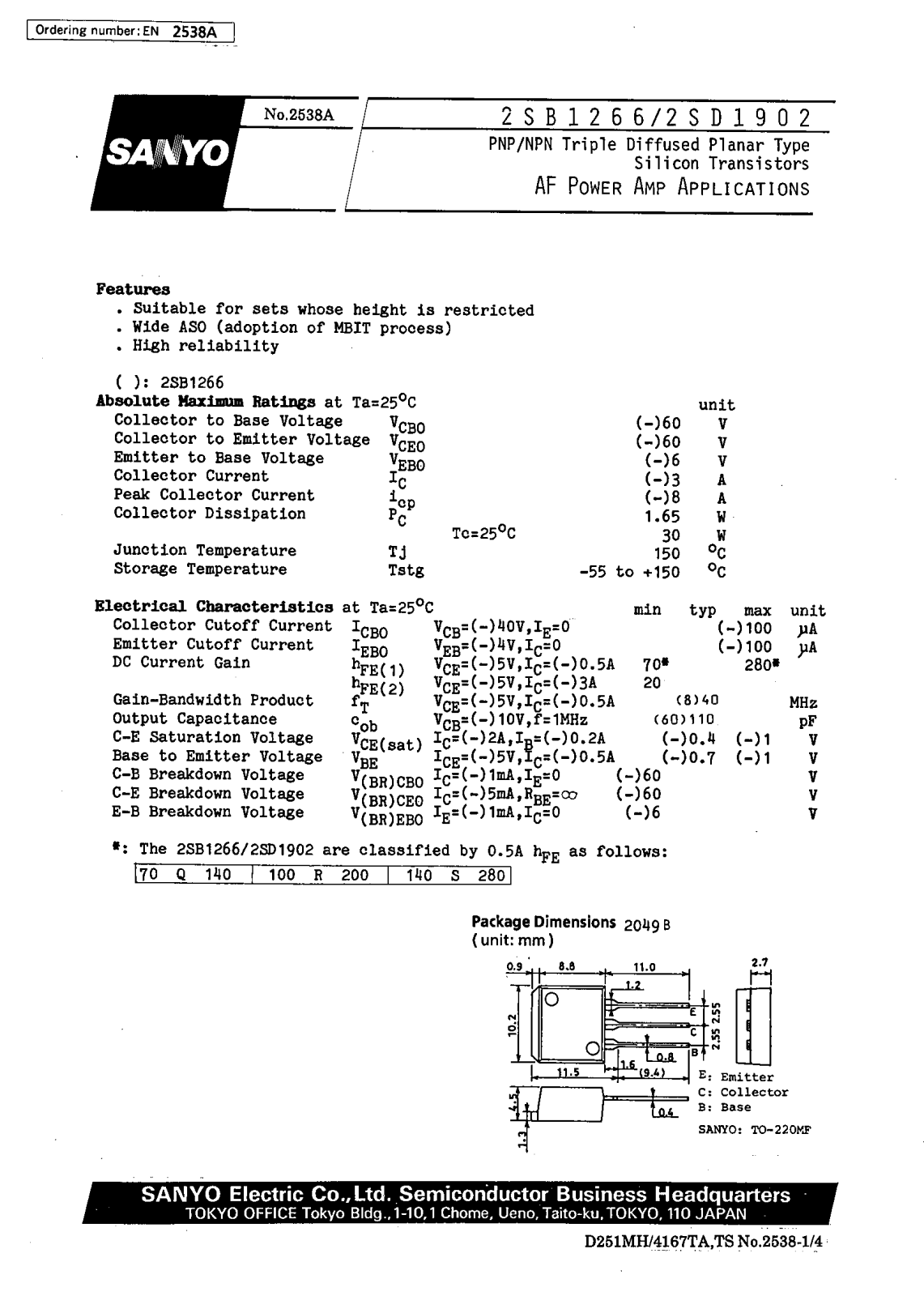 SANYO 2SD1902, 2SB1266 Datasheet