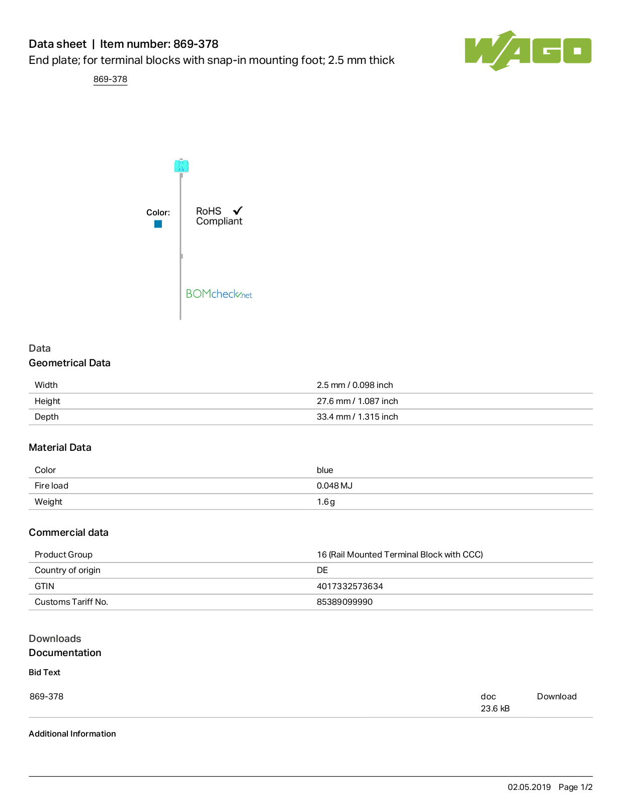 Wago 869-378 Data Sheet