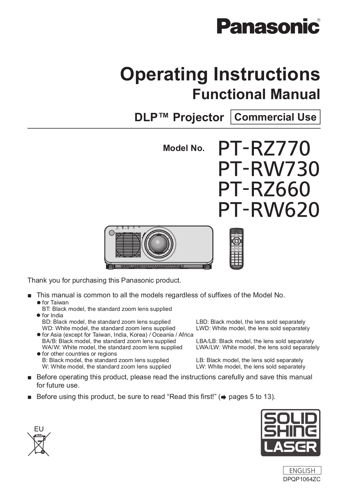 Panasonic PT-RW730WU, PT-RZ770WU, PT-RZ770LWU, PT-RZ660WU, PT-RZ660LWU User Manual