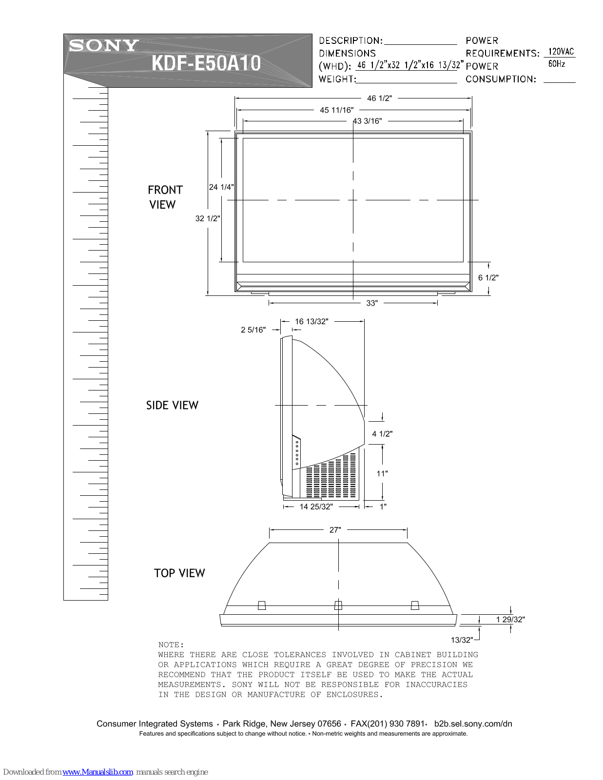 Sony GrandWega KDF-E50A10, KDFE50A11E Specifications - ManualMachine.com